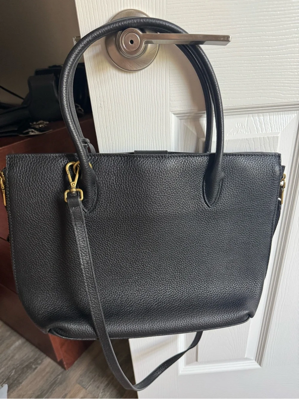 Prada Vitello Phenix Leather Double Handle Tote Black Gold Hardware